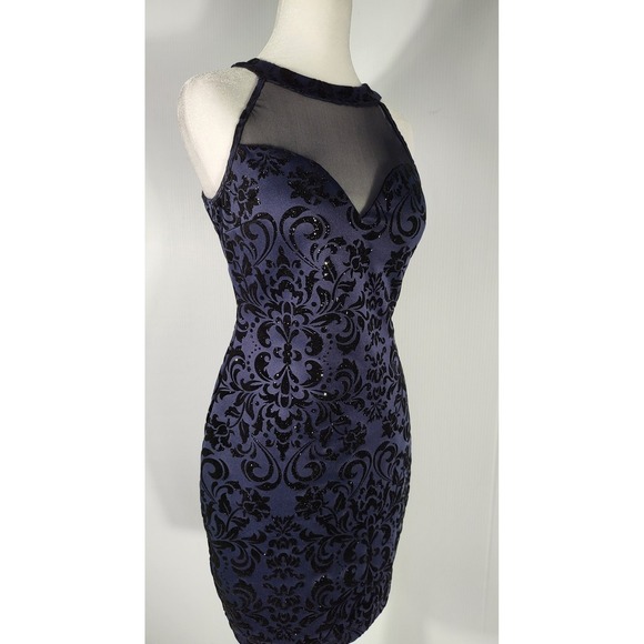 Honey & Rose Halter Mini Dress Party Cocktail Bodycon Floral Velvet Navy Blue - Picture 2 of 9